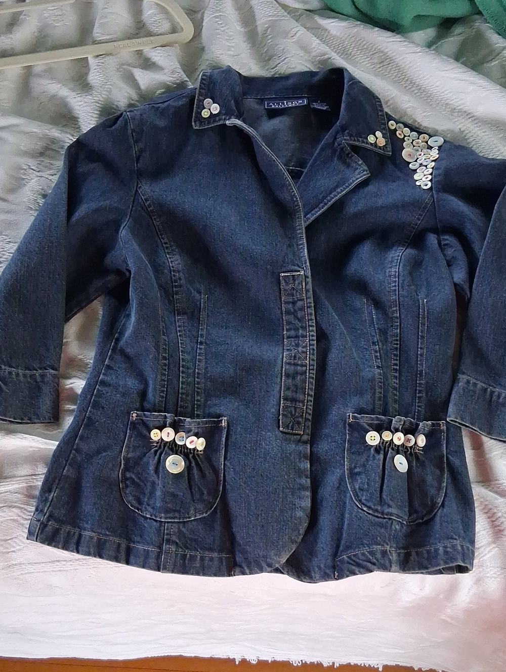 Allison Brittney Navy Denim Jacket with Button Embellishments